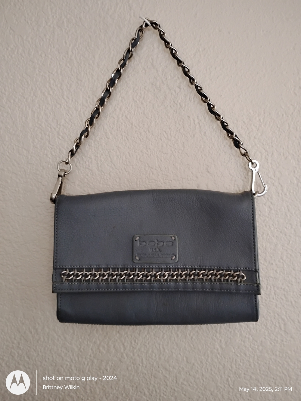 bebe Steel Gray Leather Shoulder Bag with Chain Trim